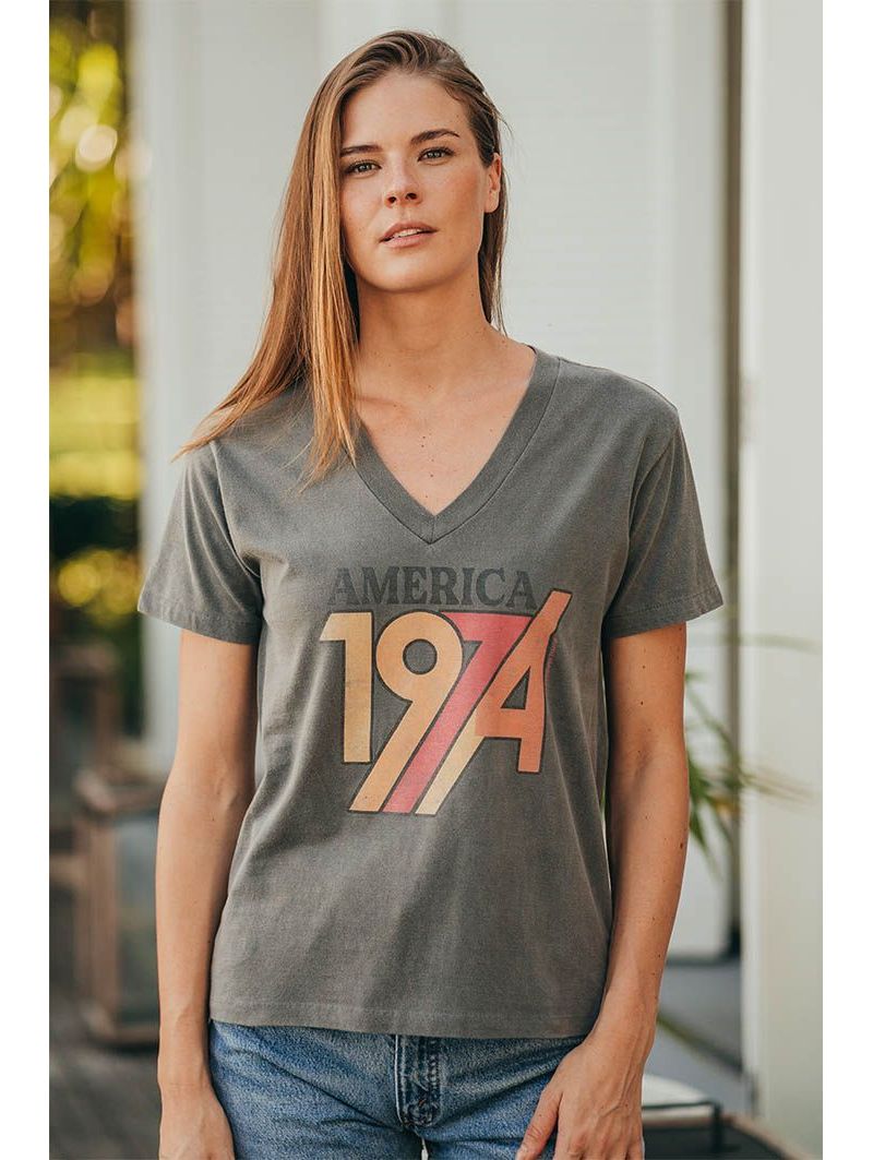 T-shirt Col V Femme Gris America 100% Coton Bio T-shirt Col V Femme Gris America 100% Coton Bio