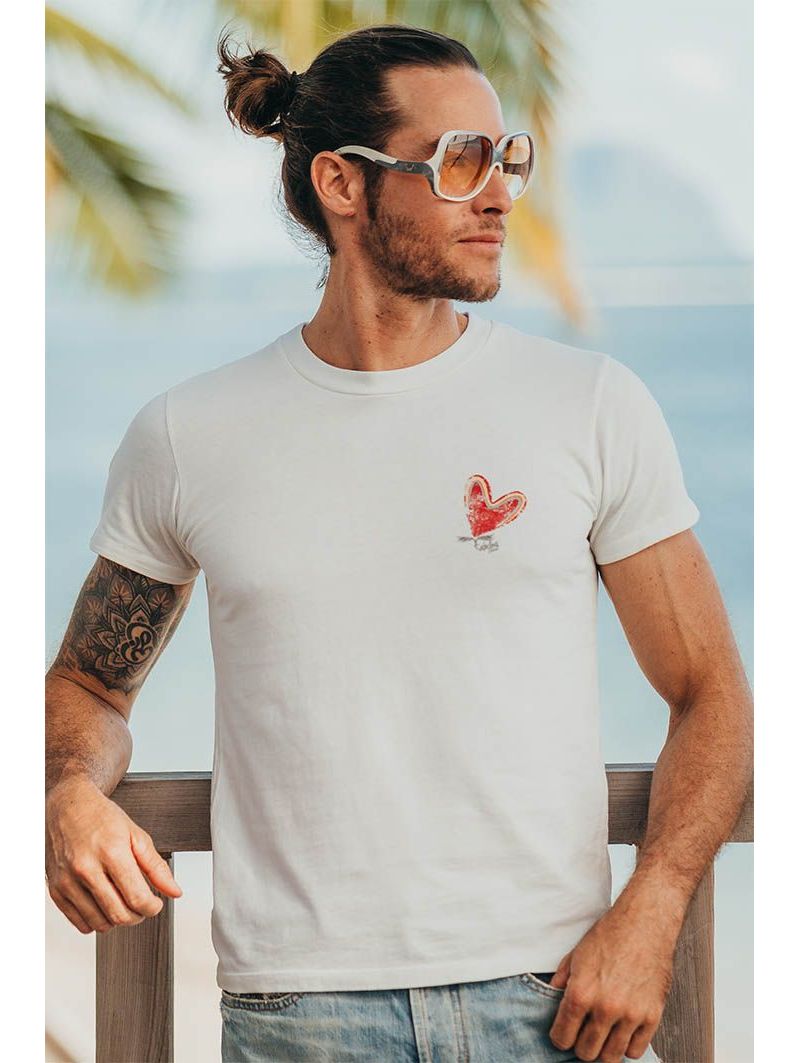 T-shirt Vintage Homme Ecru Coeur Fab 100% Coton Bio