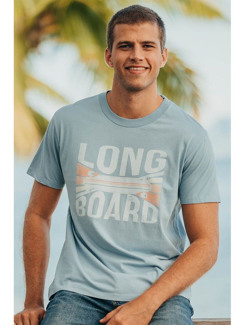 T-shirt Vintage Homme Bleu Clair Long Board 100% Coton Bio